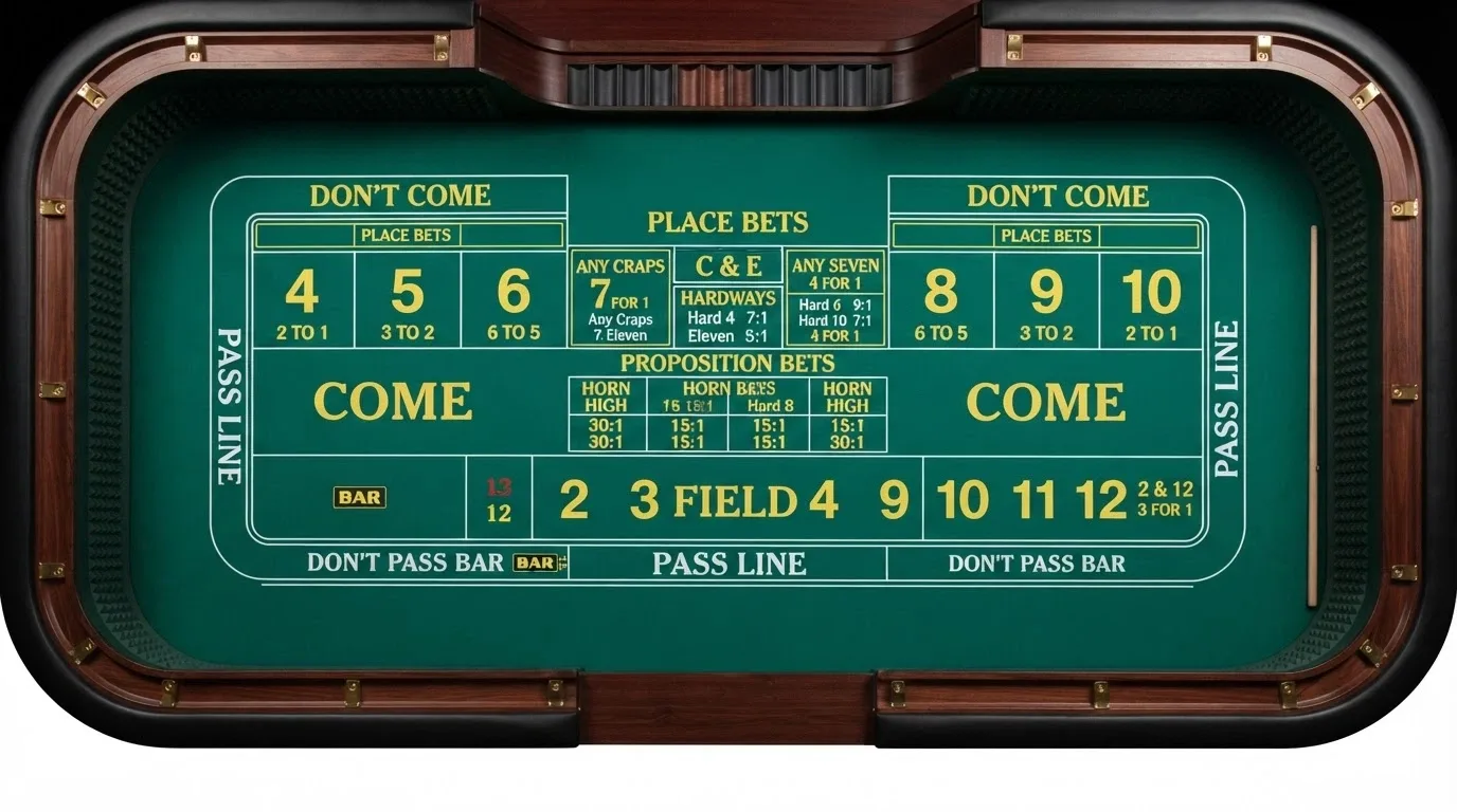 An overhead view of a full craps table layout with every betting zone labelled — pass line, don't pass bar, come, field, place numbers and centre props
