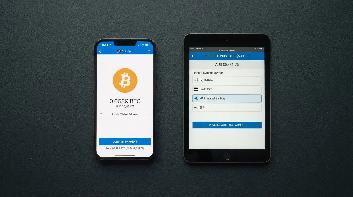 A smartphone showing a cryptocurrency wallet interface beside a casino deposit screen with Bitcoin selected as the payment method