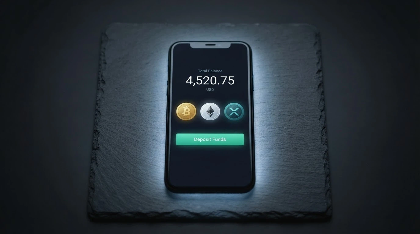 A smartphone displaying a crypto wallet balance next to a casino deposit screen showing Bitcoin, Ethereum and USDT as deposit options