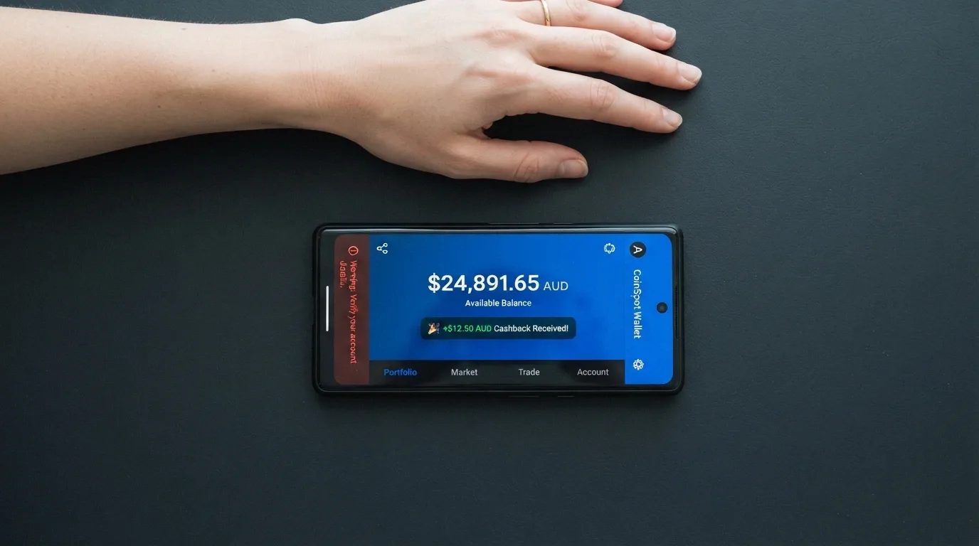 A smartphone screen showing a crypto wallet balance next to a casino cashback notification, with a small ACMA warning icon visible in the corner