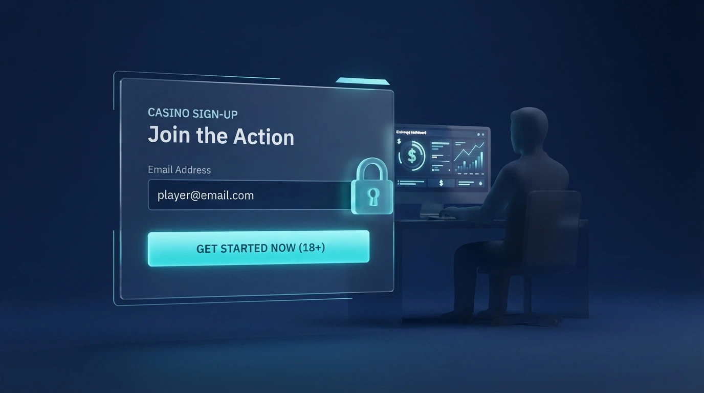 A stylised illustration: a casino sign-up form with only an email field filled, a padlock icon, and a shadowed figure behind a screen with an Australian exchange logo in the background