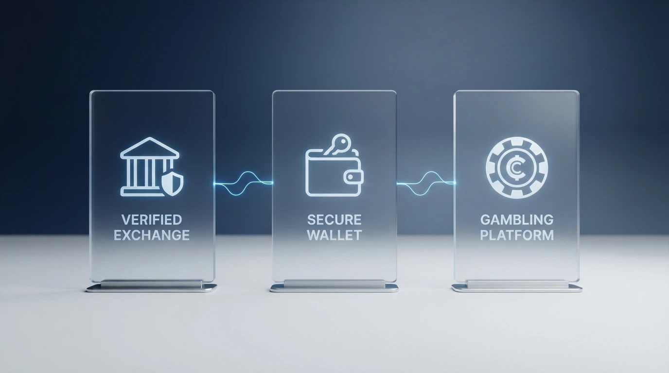 A simplified diagram showing the three-hop flow: Australian crypto exchange with verified identity to personal wallet to casino deposit address