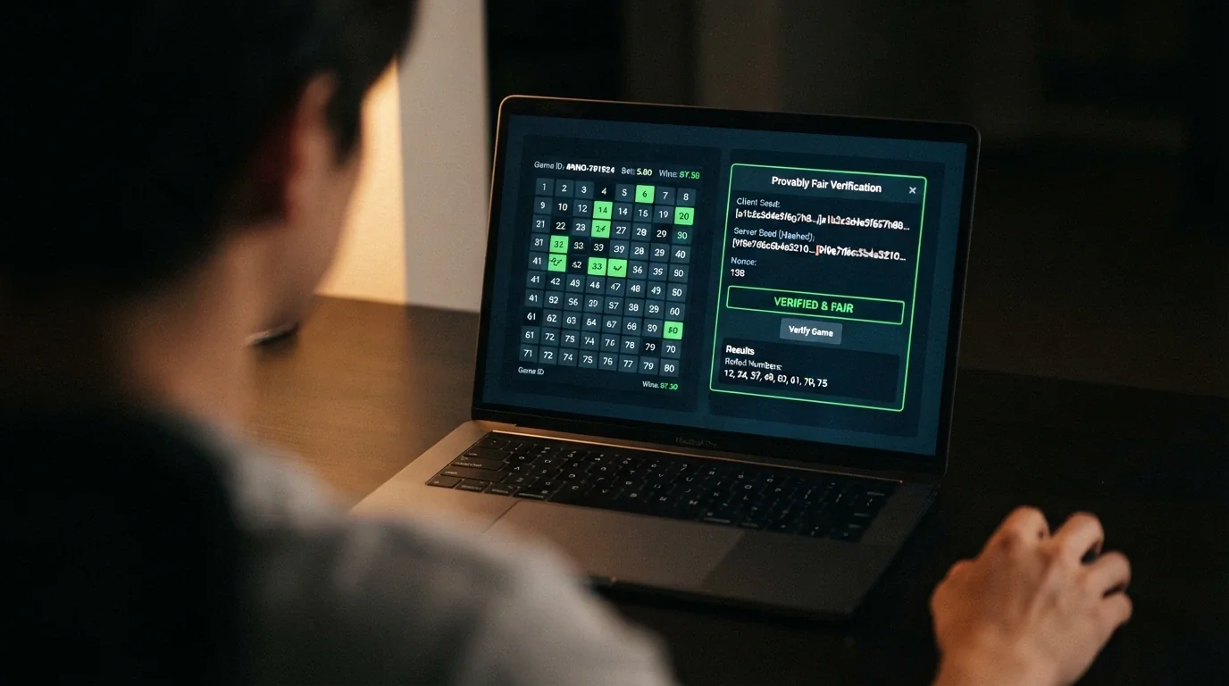 A screenshot of a provably fair keno interface showing the client seed, server seed hash and verification panel alongside the game board