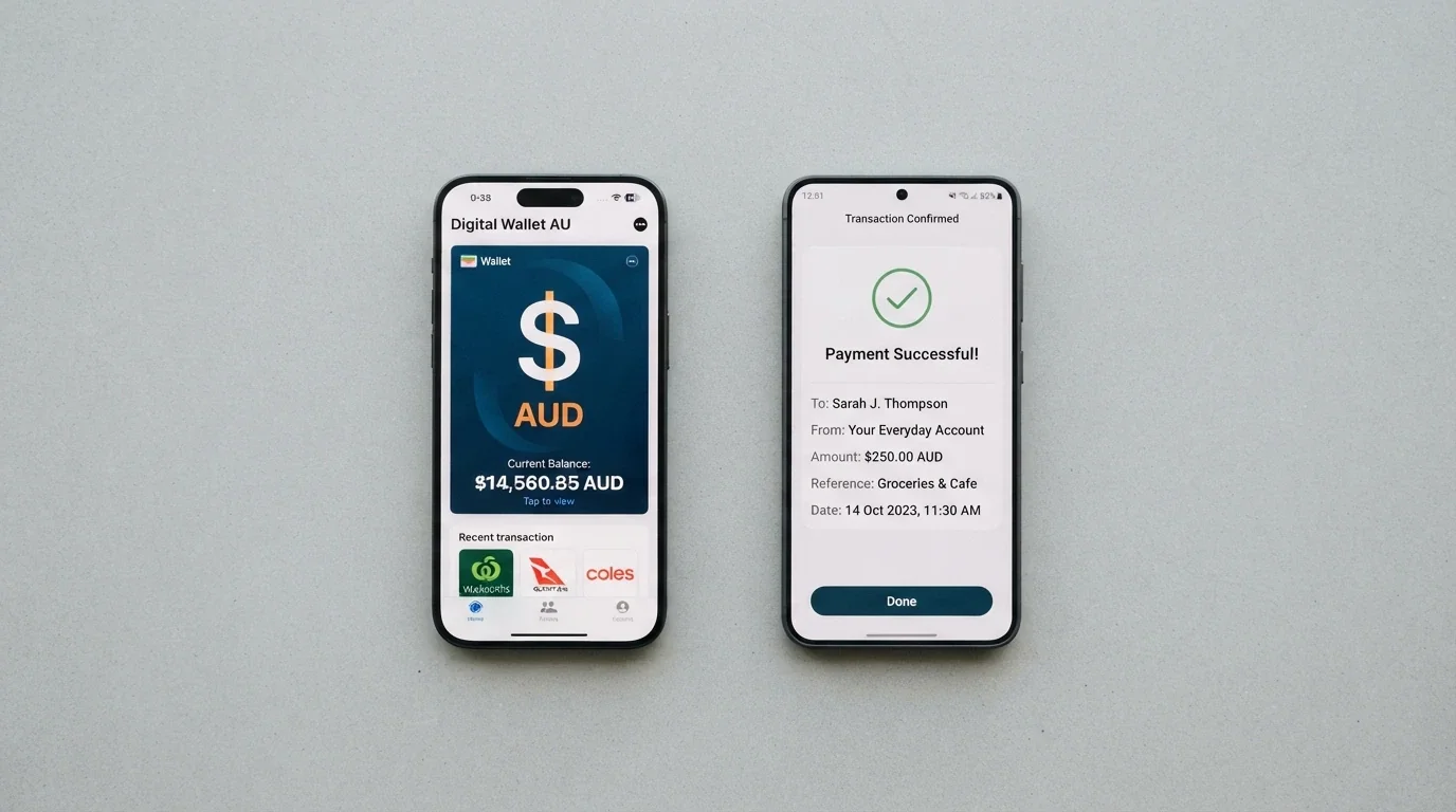 A split-screen showing cryptocurrency wallet logos on one side and Australian PayID banking interface on the other