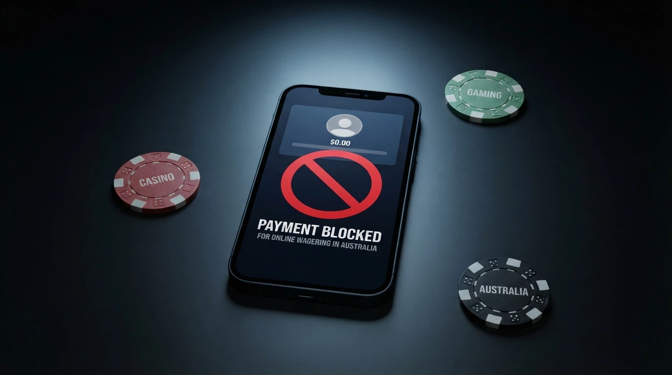 A Bitcoin logo beside an Australian bank card with a red prohibition symbol between them, on a dark background