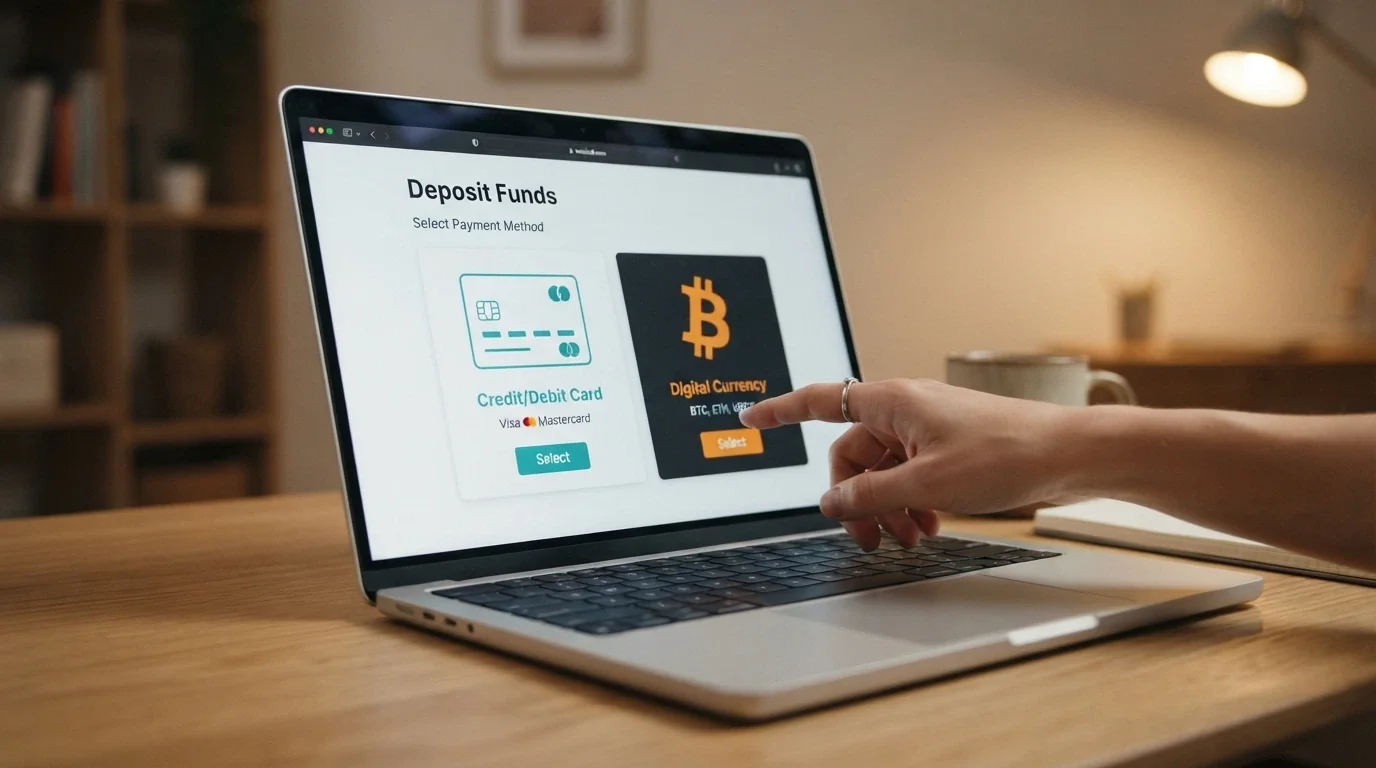 A casino deposit screen showing cryptocurrency and credit-card options side by side