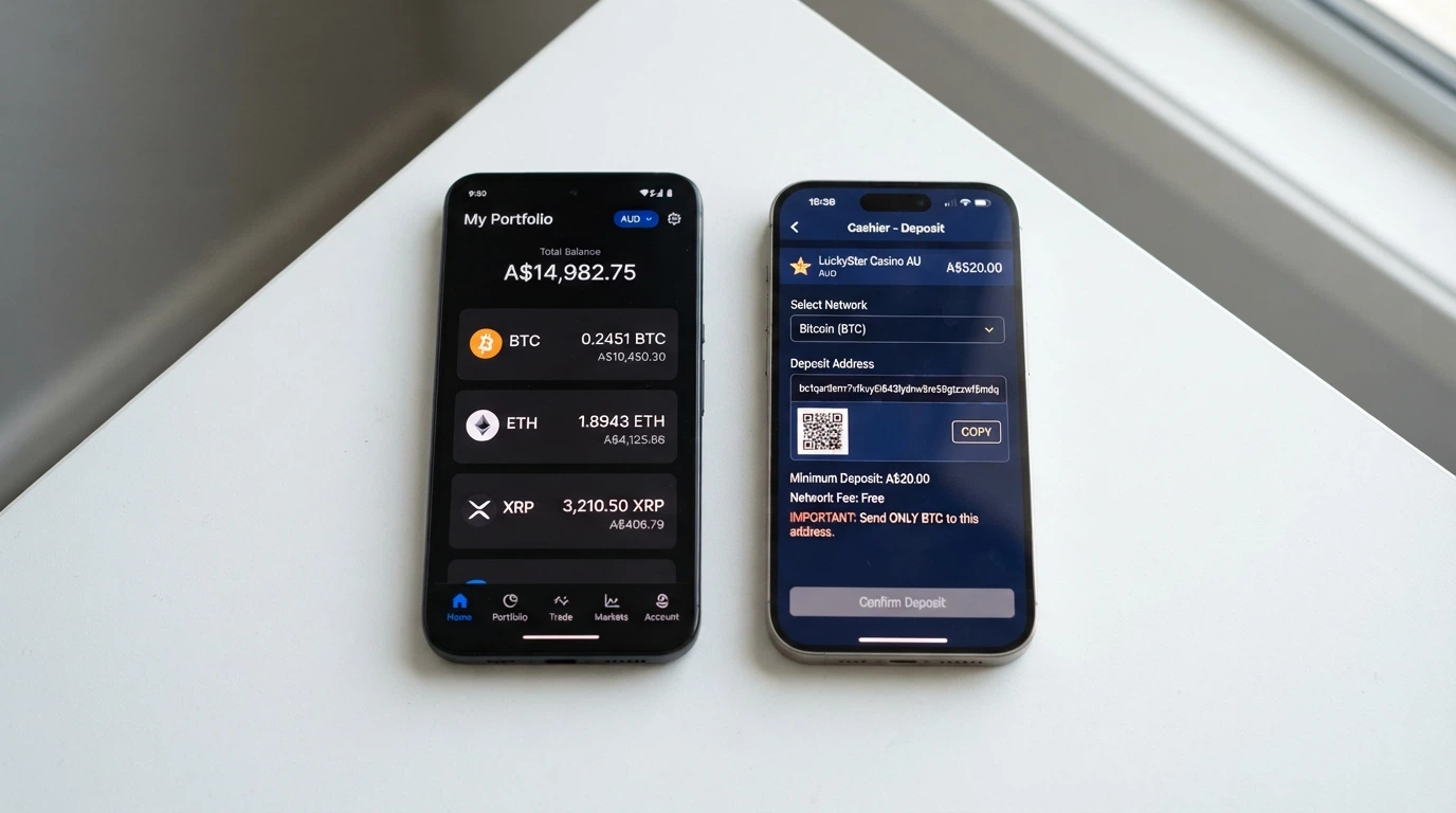 A smartphone displaying a wallet app with USDT, BTC and ETH balance tiles next to a casino deposit screen showing network options