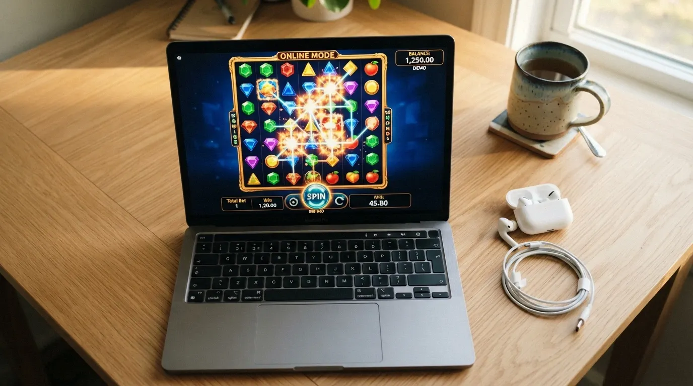 A screenshot of a 7-reel slot in demo mode showing the play-money balance, the spin button and a cluster-pay win on the grid