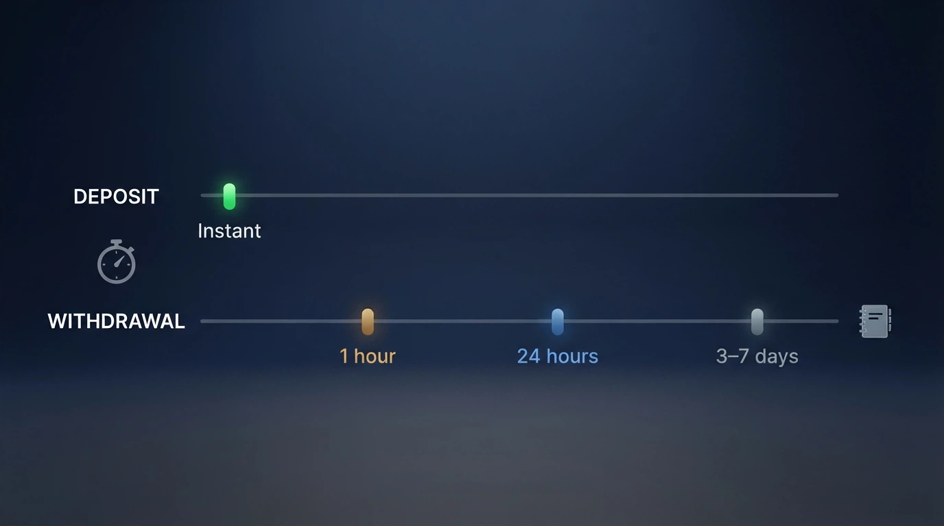 A visual timeline comparing deposit speeds (instant) against withdrawal speeds (hours to days) for different payment methods, with a stopwatch and calendar side by side