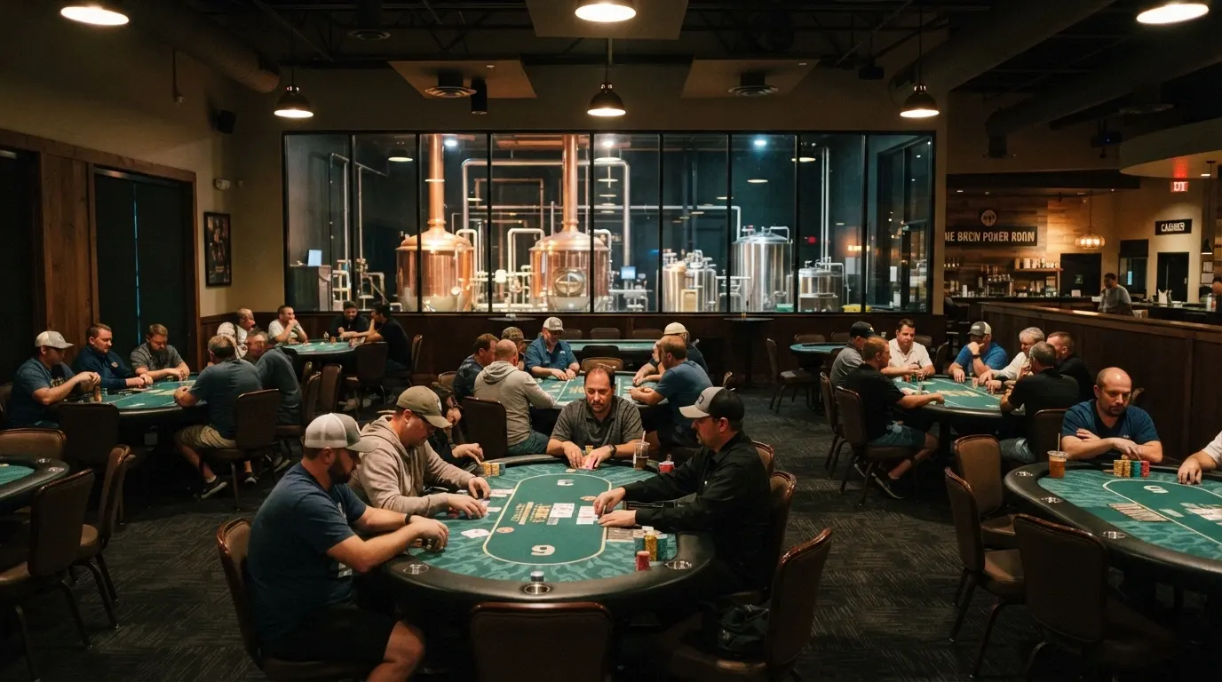 The District poker room at SkyCity Adelaide with nine tournament-style tables, players at cash games, and the Pirate Life microbrewery visible beyond