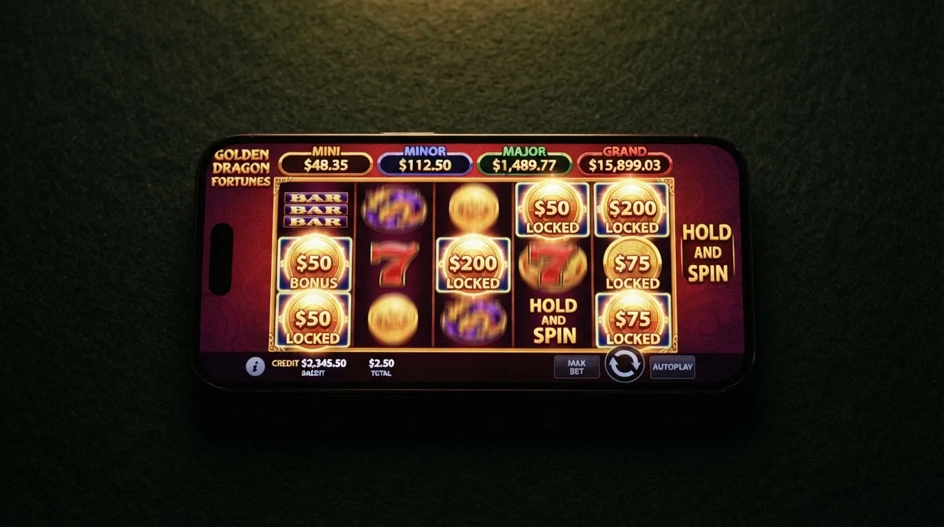 A smartphone in landscape orientation displaying the Dragon Link Hold & Spin feature with the four jackpot tiers visible above the reels
