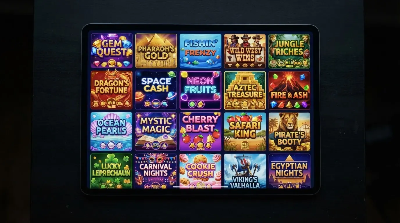 A grid of popular online pokie title cards including Starburst, Book of Dead and Big Bass Bonanza
