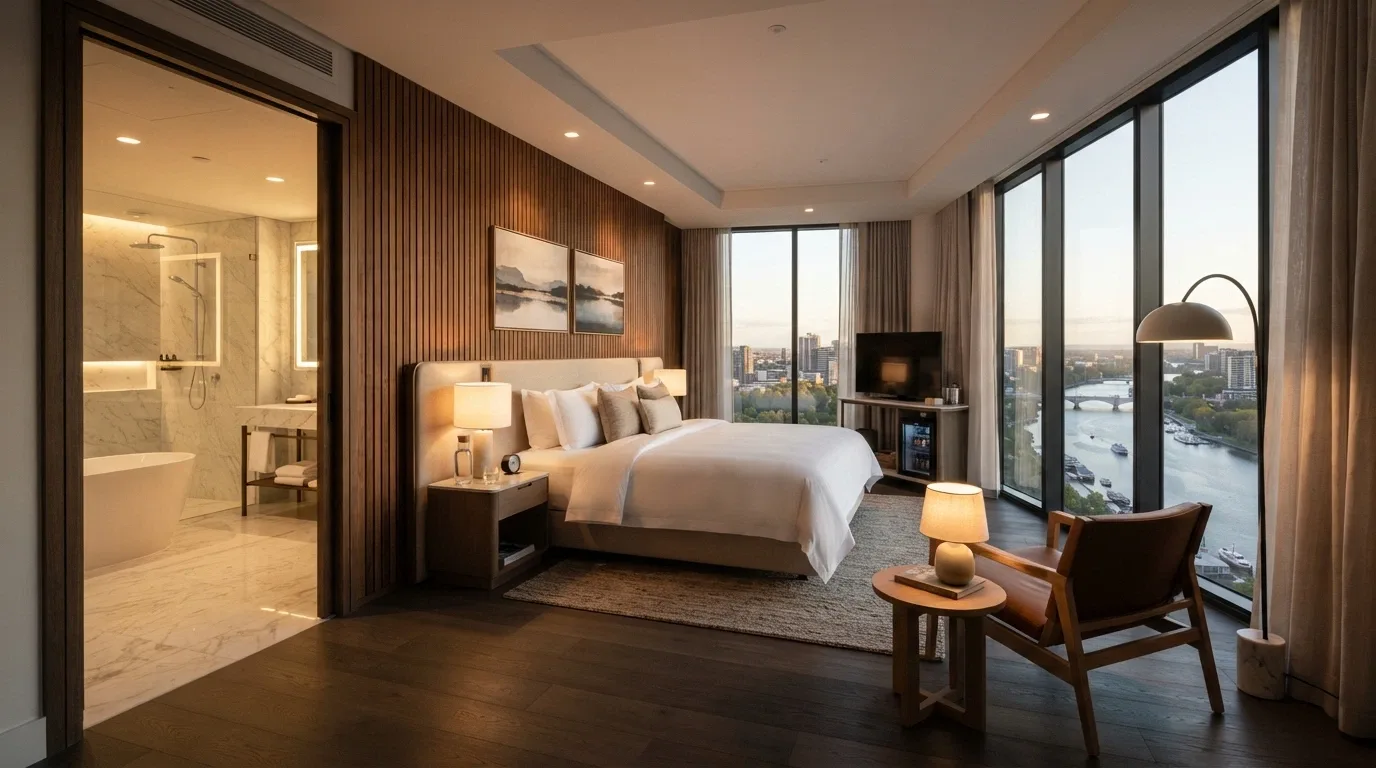 Eos by SkyCity luxury hotel room interior with river views, marble bathroom, king bed and contemporary Australian furnishings
