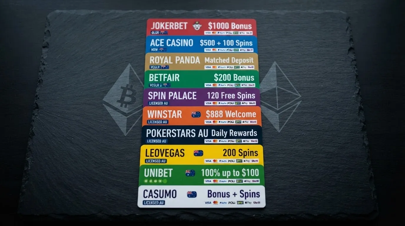 A ranked list of casino name cards with licence badges, bonus highlights and ETH network support icons arranged in order