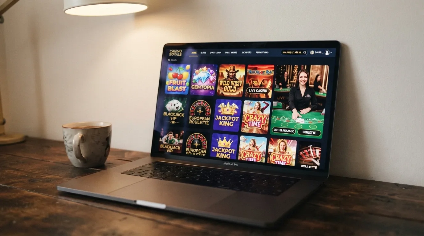 A vibrant online casino game lobby showing pokies thumbnails, a live-dealer stream preview and table-game icons