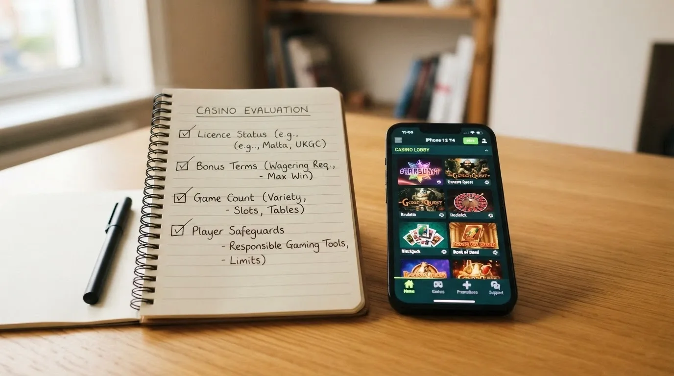 A notepad with a handwritten checklist of evaluation criteria — licence status, bonus terms, game count, player safeguards — next to a smartphone showing a casino lobby