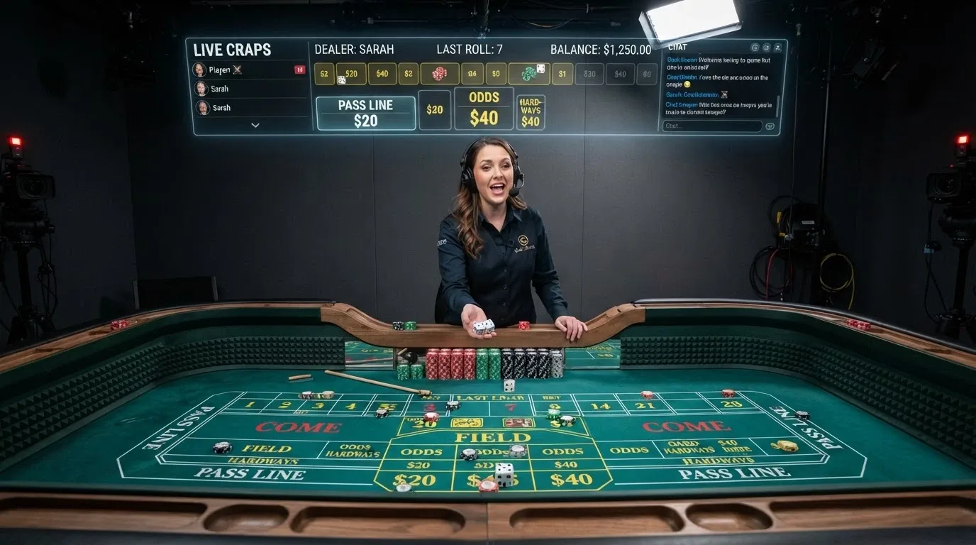 A wide shot of the Evolution Craps Live studio table with a real dealer behind the rail, dice in hand, and the betting interface overlaid on screen