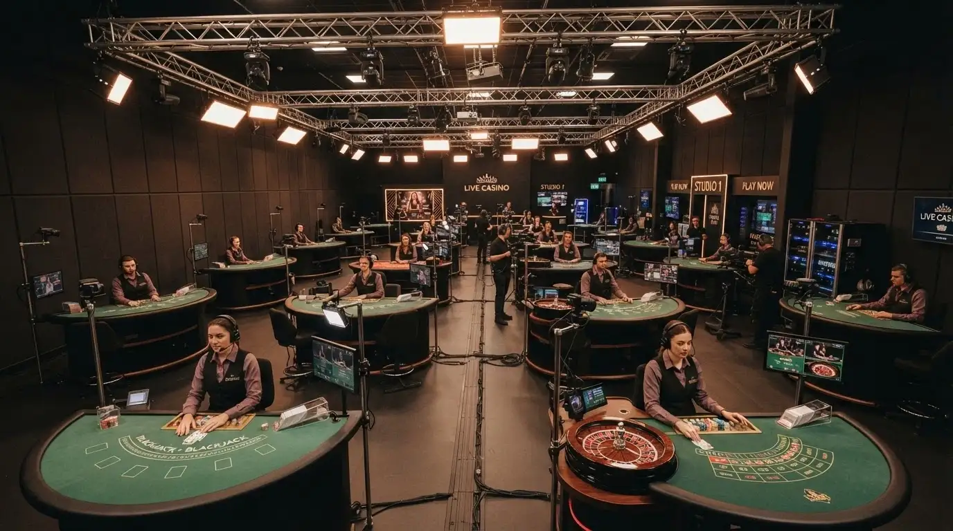 A wide shot of a live casino streaming studio with multiple tables operating simultaneously under professional lighting and camera rigs