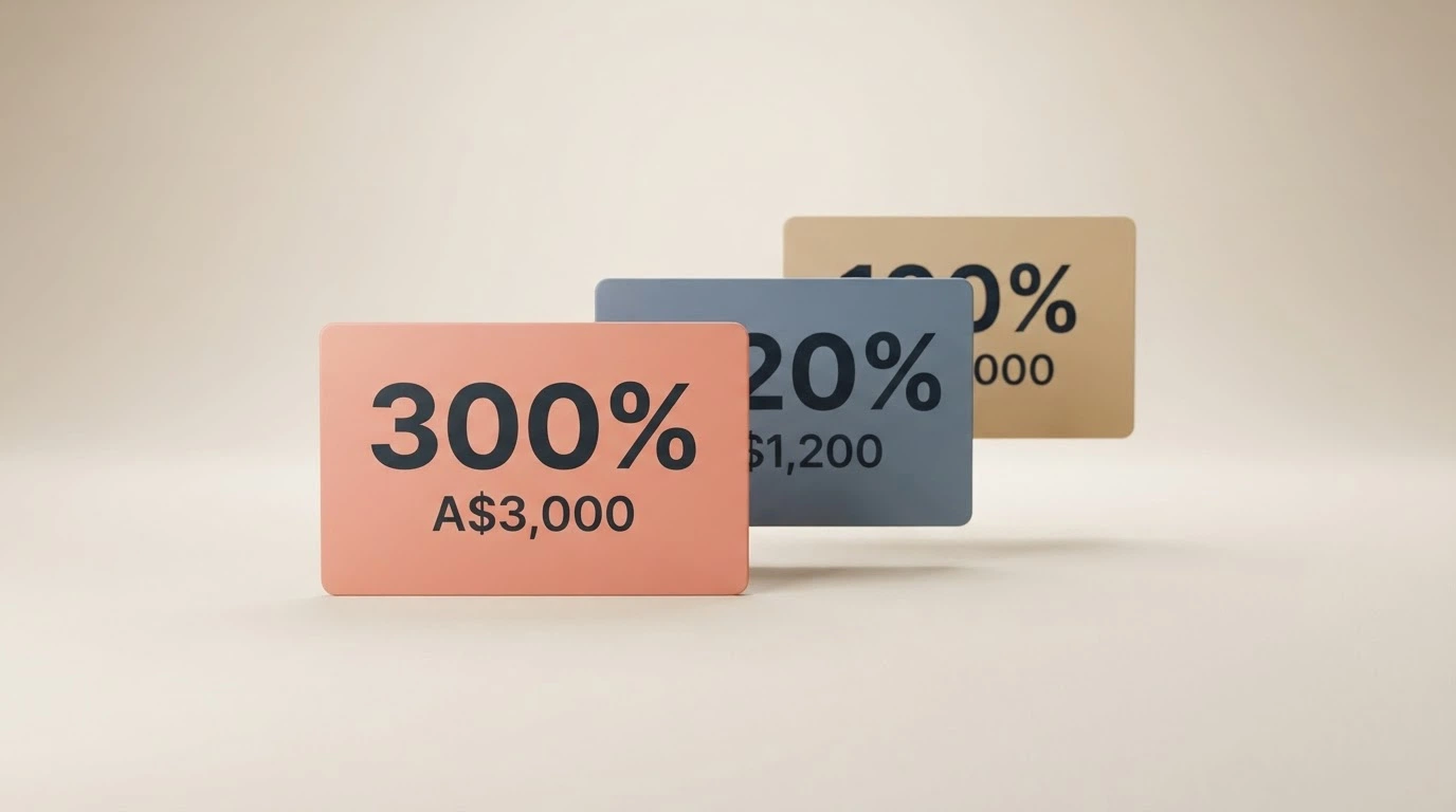 Three stacked bonus offer cards with different match percentages (100%, 120%, 300%) and different cap values in Australian dollars, visually scaled to their real maximum value