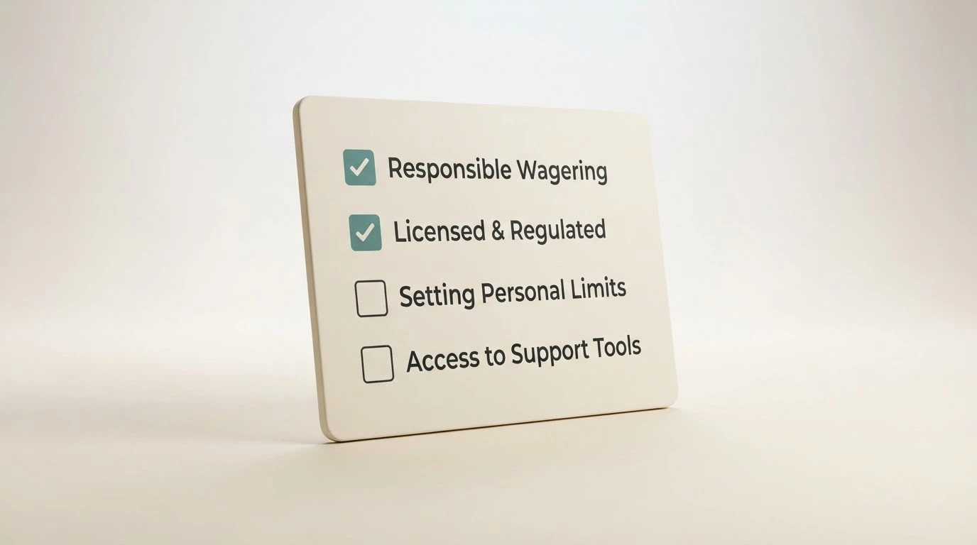 A clean checklist-style graphic with four items (check wagering, verify licence, set a limit, know the tools), no operator names or logos