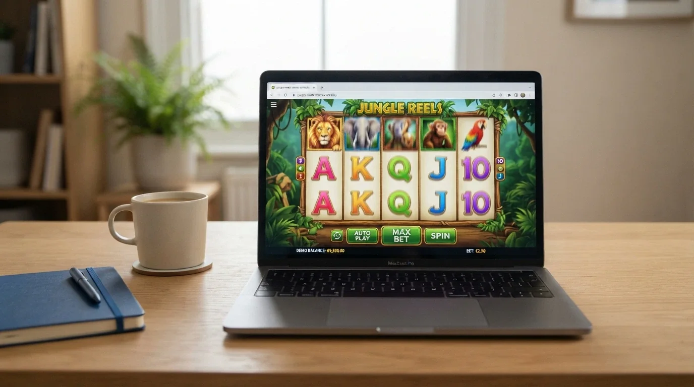 A laptop screen showing a free-play Aristocrat pokie loaded in a browser with demo-credit balance displayed