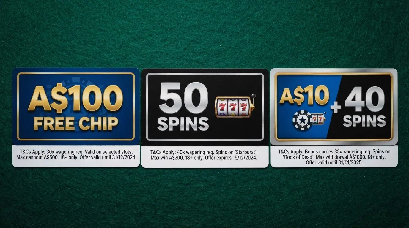 Three casino bonus cards side by side: a free chip marked $100, a free spins bundle labelled 50 spins, and a mixed chip-plus-spins offer, each with different terms printed underneath