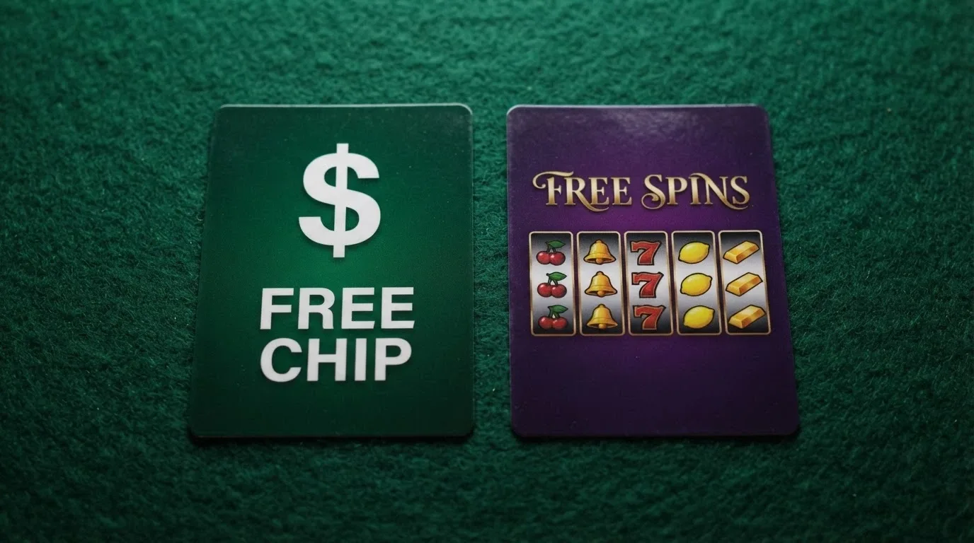 Two casino bonus offer tiles side by side — one showing a free-chip dollar amount, the other a free-spins count with a pokie reel behind it — highlighting different claim buttons
