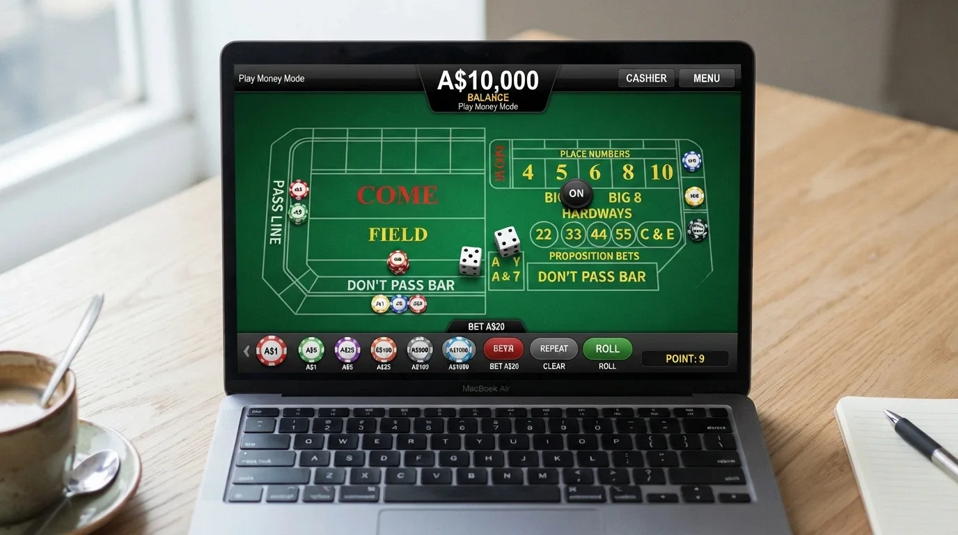 A screen capture of a demo-mode craps table with a play-money balance displayed, bet chips on the pass line and the come-out roll in progress