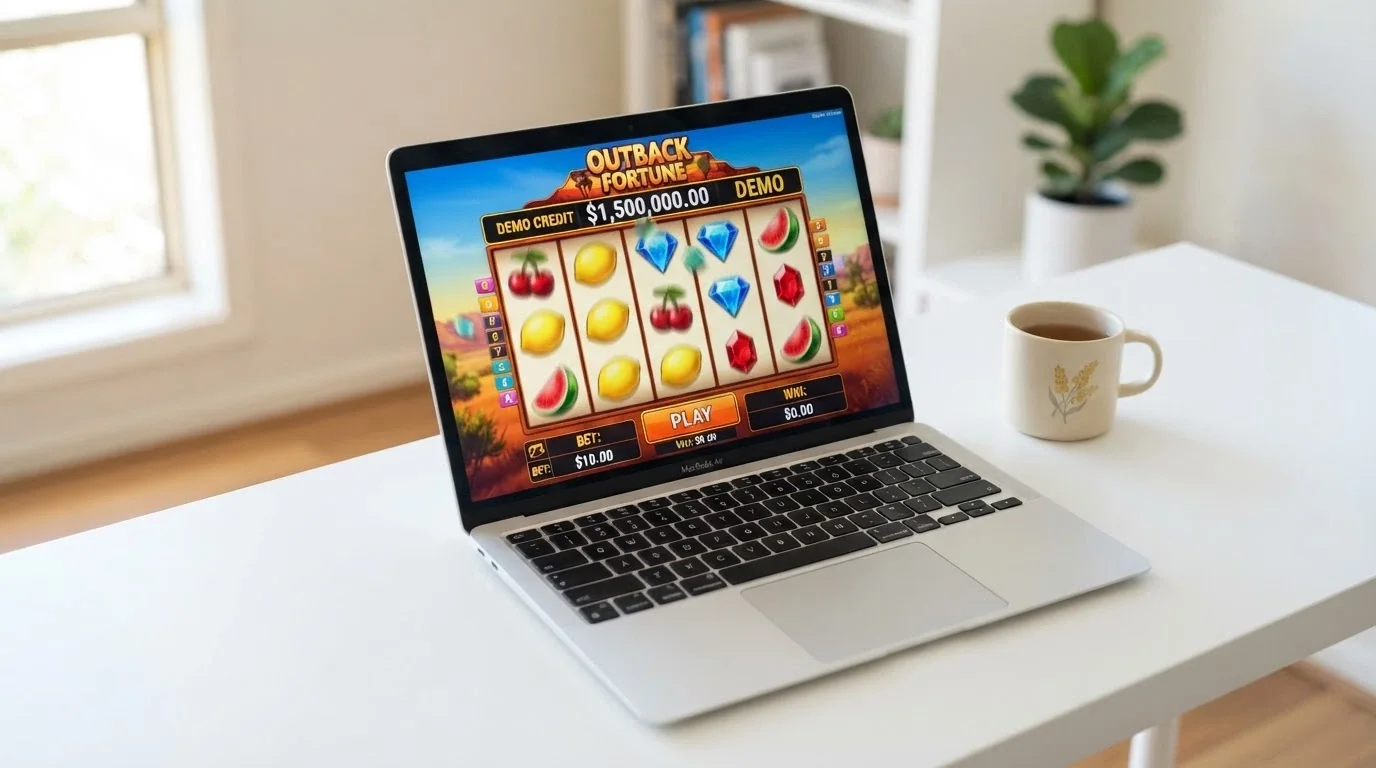 A laptop screen showing a free-play pokies game interface with a demo-credit balance displayed prominently