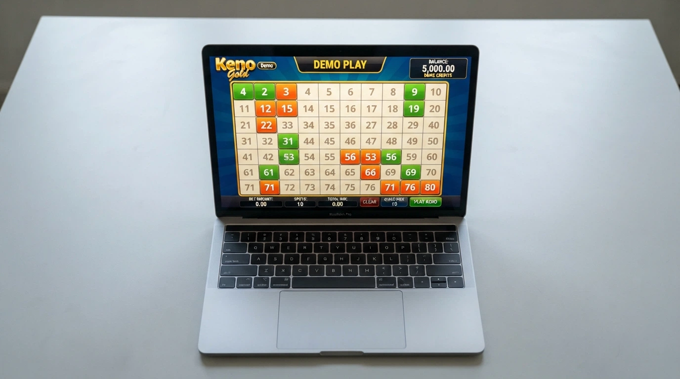 A browser window showing a demo-mode keno game with a play-money balance displayed and the bet panel set to zero-cost spins