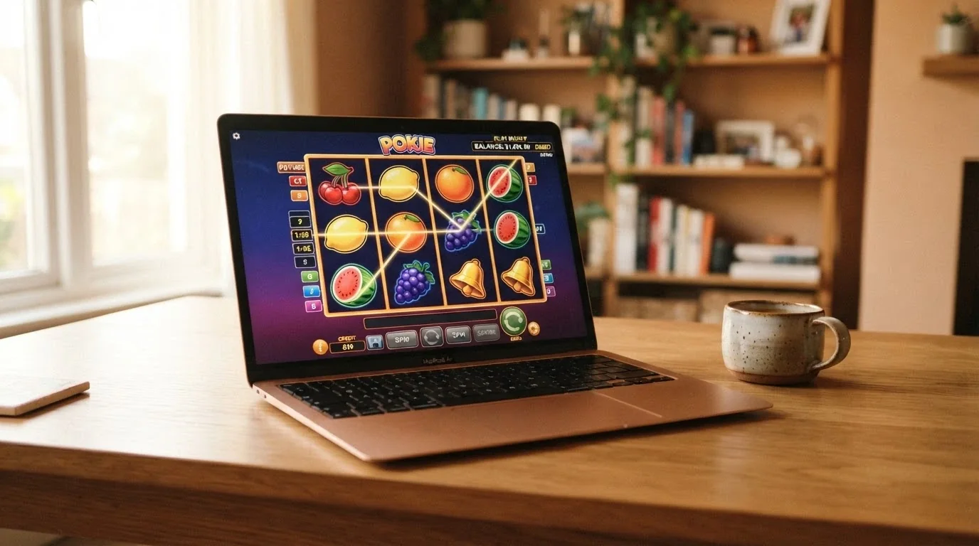 A laptop screen showing a 3-reel pokie in demo mode with a play-money balance displayed in the corner