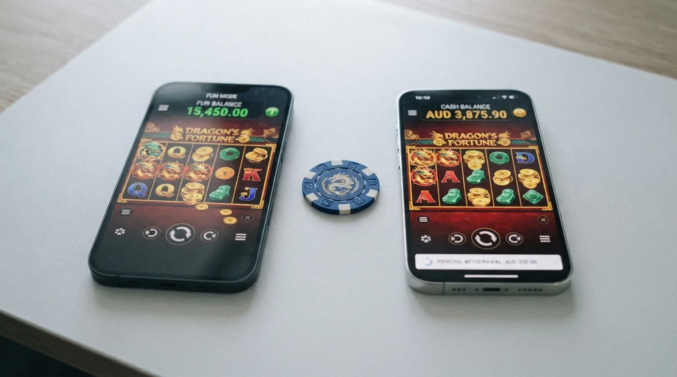 A split-screen: left side shows a demo-mode pokies game with a “Fun Balance” counter, right side shows the same game with a real AUD balance and a pending withdrawal screen