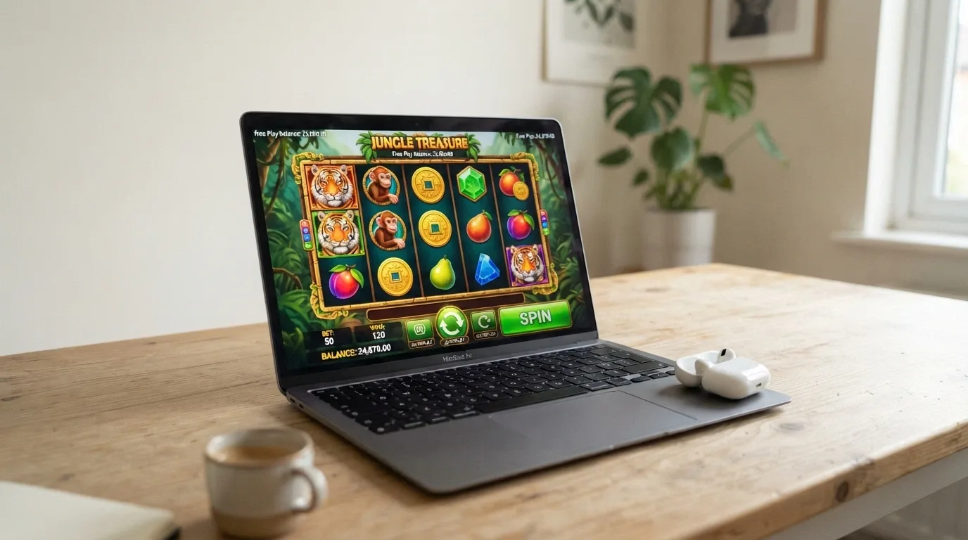 A laptop screen showing a free-play pokie demo with a play-money balance and spin button