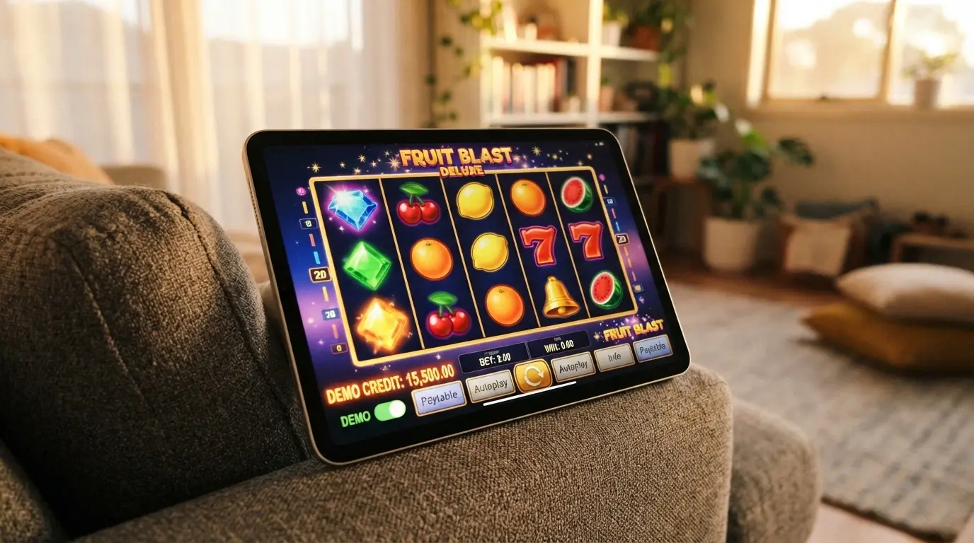 An iPad displaying a colourful pokie in demo mode, the credit balance showing play-money figures with a Demo or Fun toggle visible