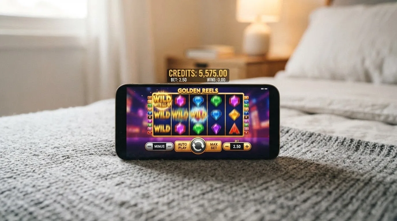 A demo-mode pokie with a play-money balance displayed on an iPhone screen, showing the spin and bet controls