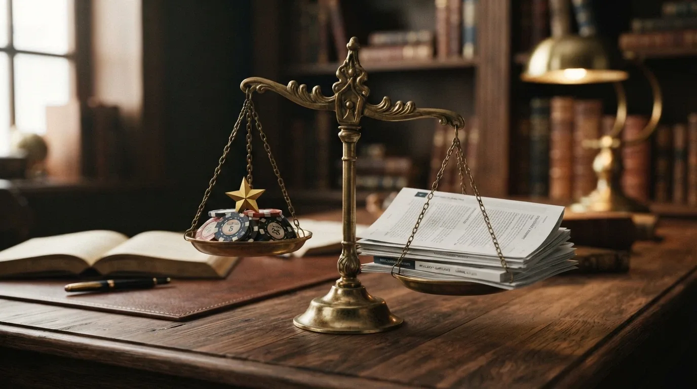 A balanced scale with free spin symbols on one side and wagering-requirement documents on the other, tilting slightly toward the documents side