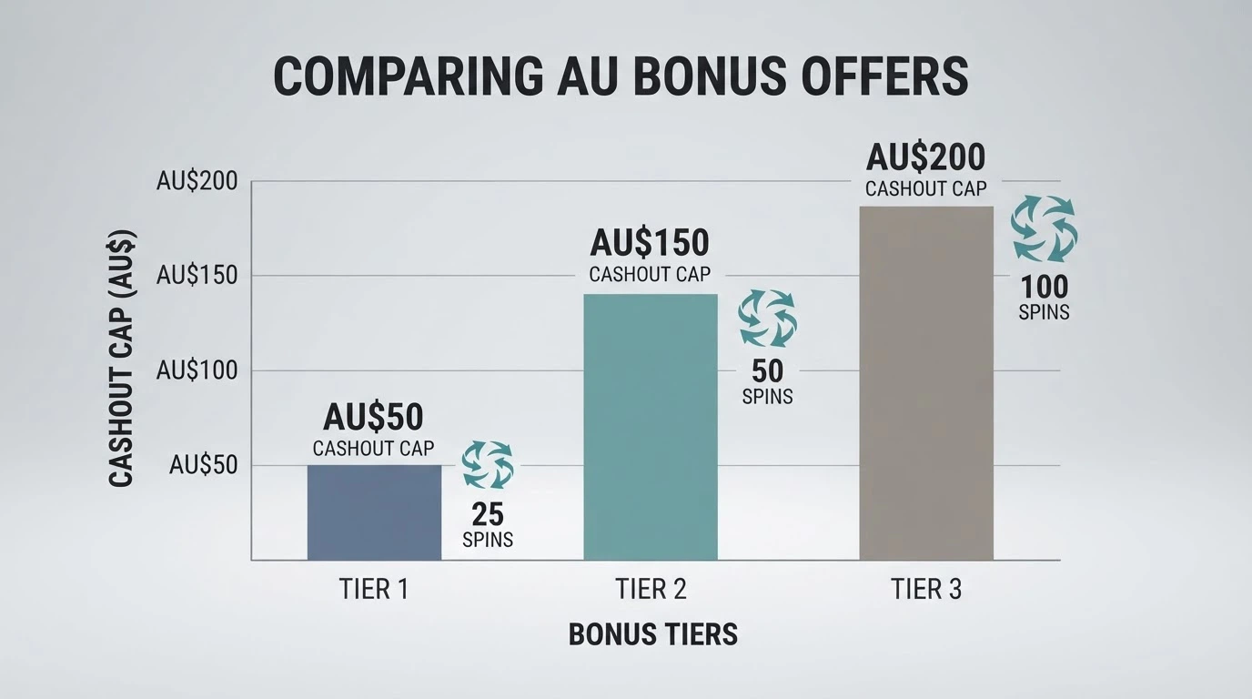 A side-by-side comparison chart showing different casino bonus offers with varying free spin counts, wagering multipliers and maximum cashout figures