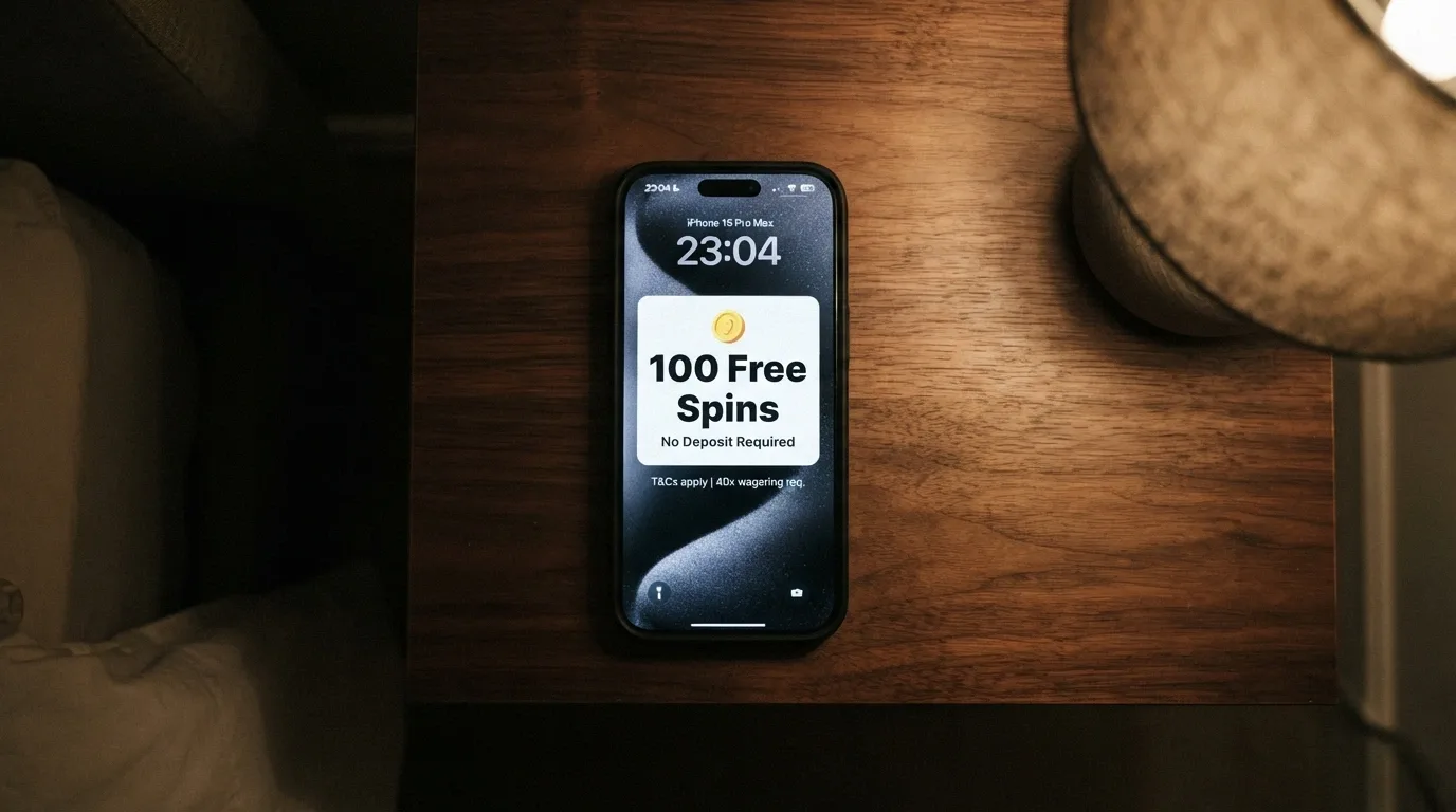 A pop-up notification on a mobile phone showing “100 Free Spins — No Deposit Required” with the terms link and wagering requirement visible in smaller text below