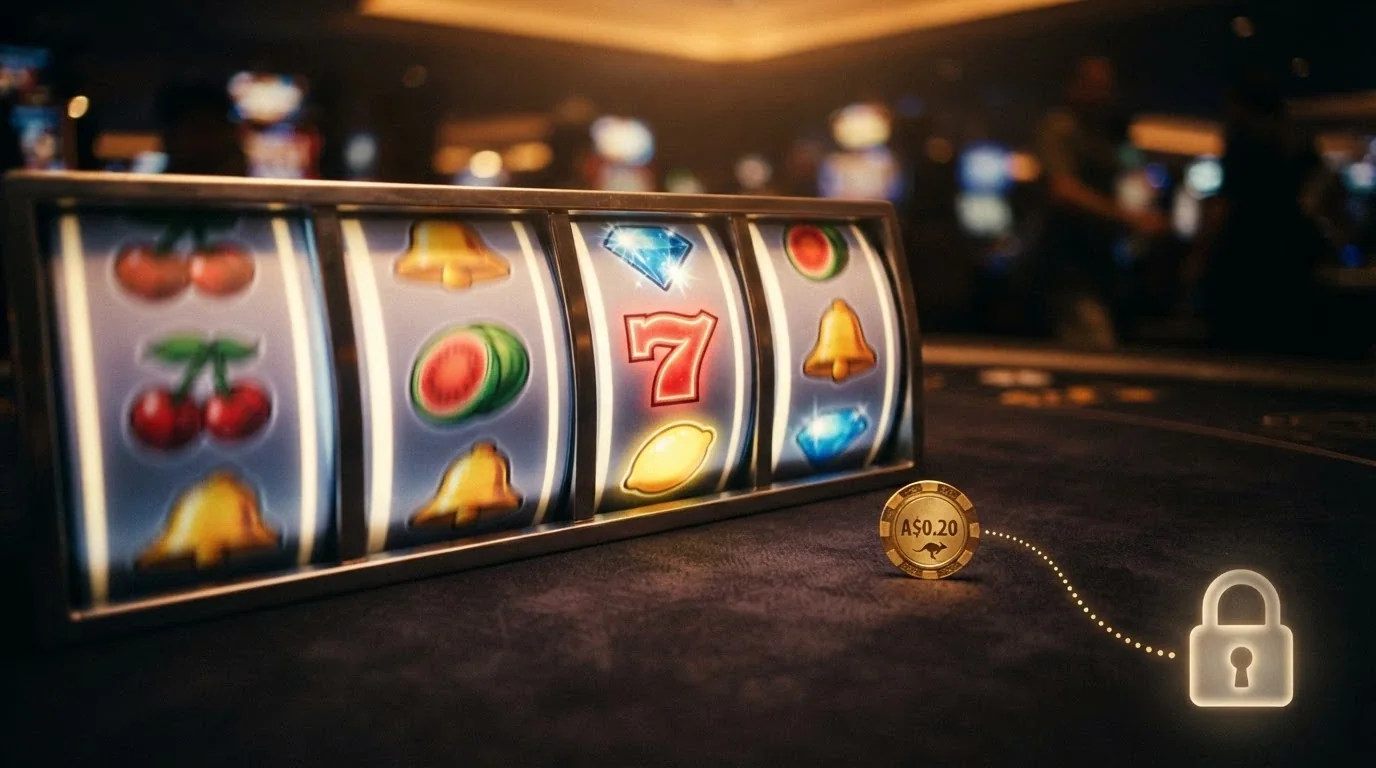 A row of five pokie reels with a small coin icon labelled A$0.20 beside them, and a dotted line from the reels to a locked bonus balance