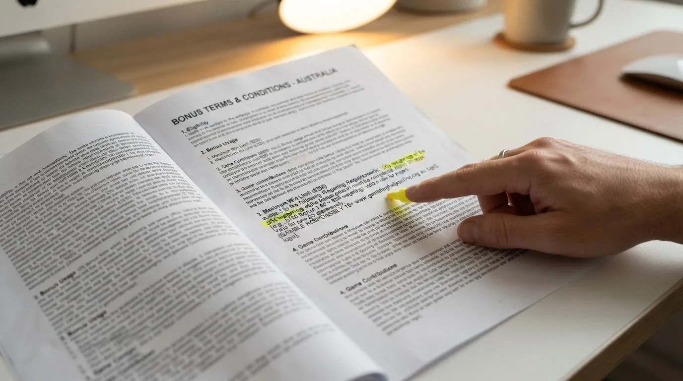 A close-up of bonus terms and conditions printed in small type, with a highlighted wagering-requirement clause