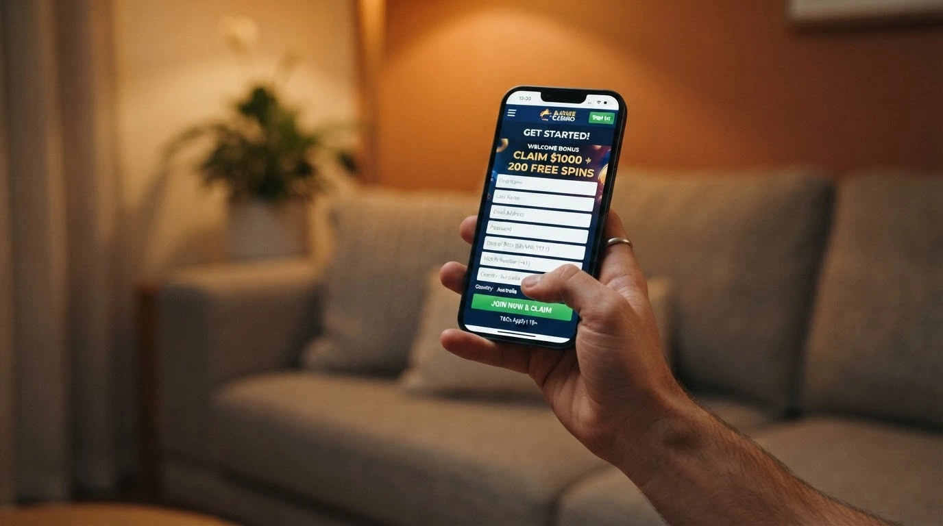 An Australian player's hand holding a smartphone with a casino sign-up page visible, paused mid-action, the background blurred — the moment before deciding whether to claim a bonus