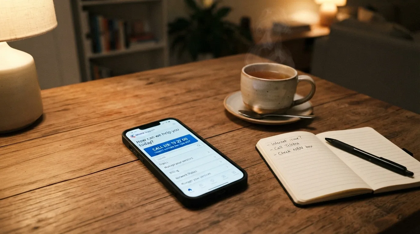 A calm, supportive visual — a phone on a table showing the Gambling Help Online homepage, with a notebook and a cup of tea beside it, warm domestic lighting