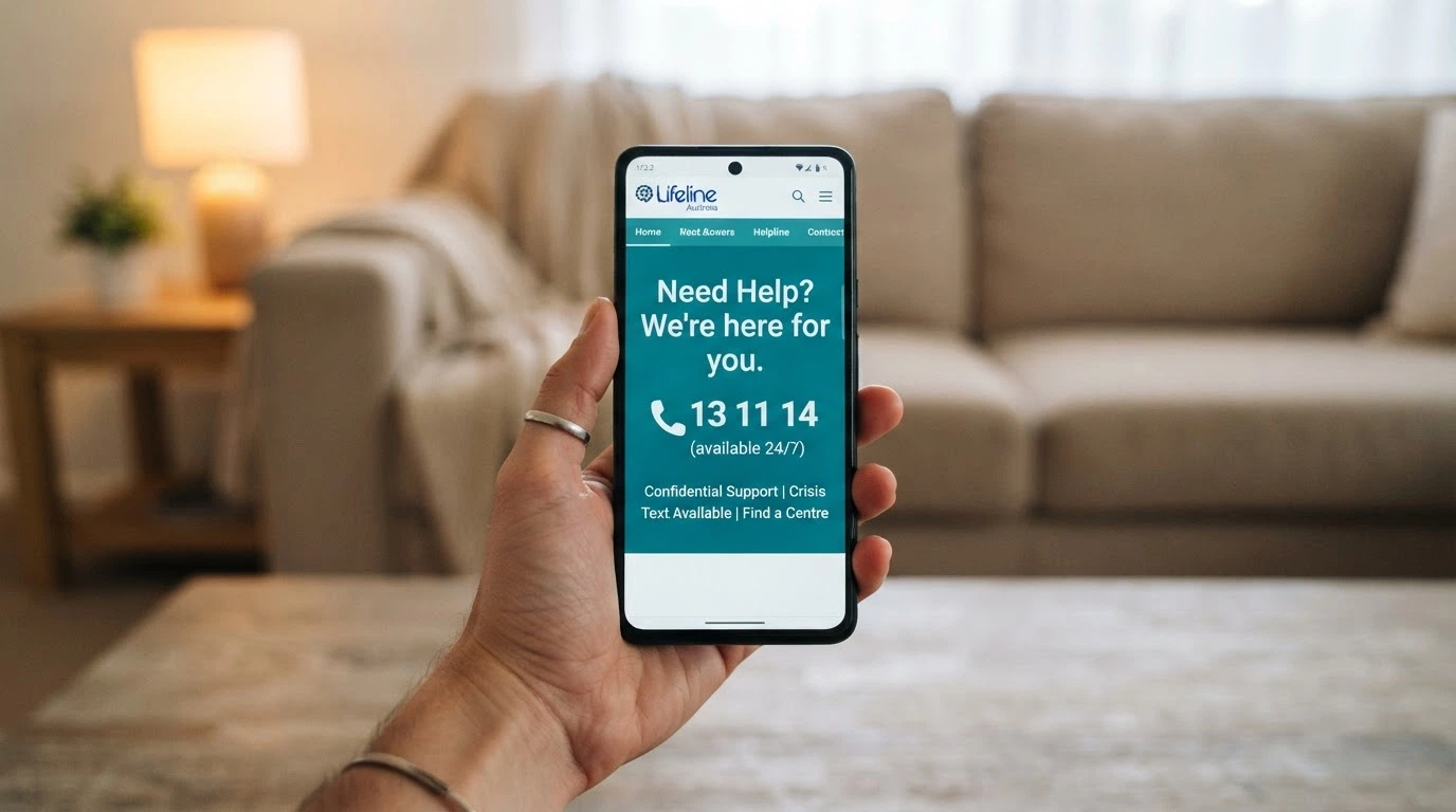 A close-up of a phone screen showing the Gambling Help Online homepage with the 1800 858 858 number prominently displayed