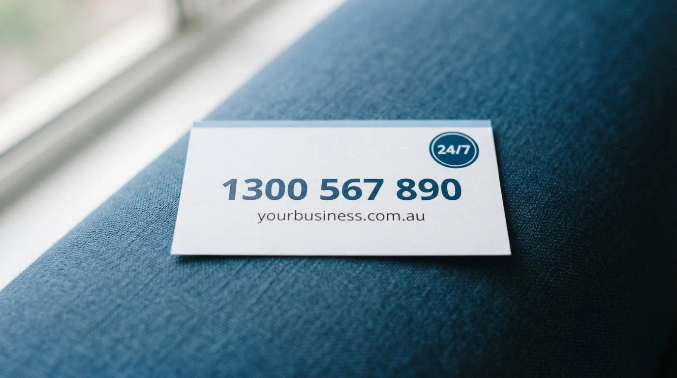 A helpline-style contact card with the 1800 858 858 number, Gambling Help Online URL, and a 24/7 availability badge, on a calm blue background