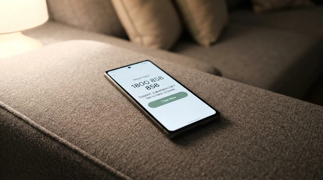 A support-service interface — a helpline number on screen beside a chat window and the BetStop logo — conveying accessibility and 24/7 availability