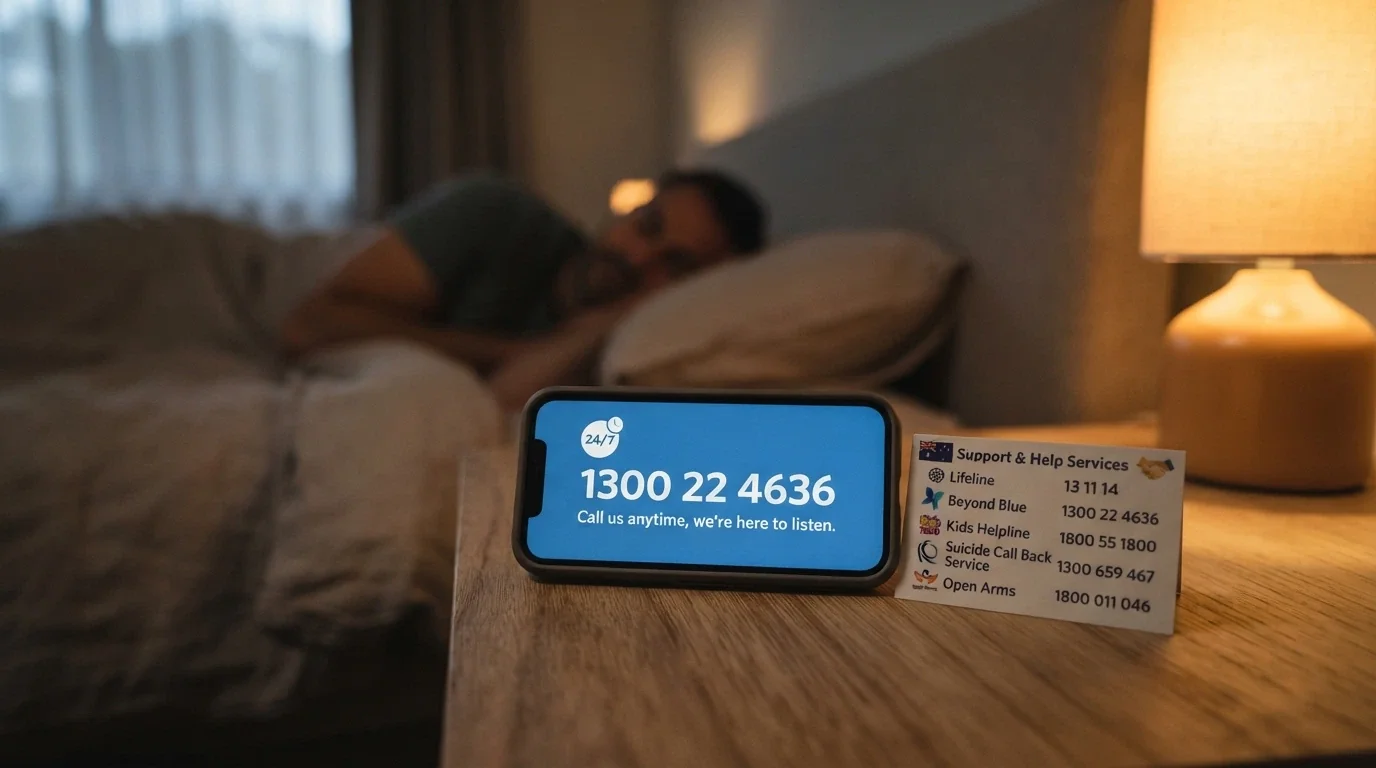 A phone screen displaying the National Gambling Helpline number 1800 858 858 with 24/7 availability, alongside a help-resource card with Gambling Help Online and BetStop logos