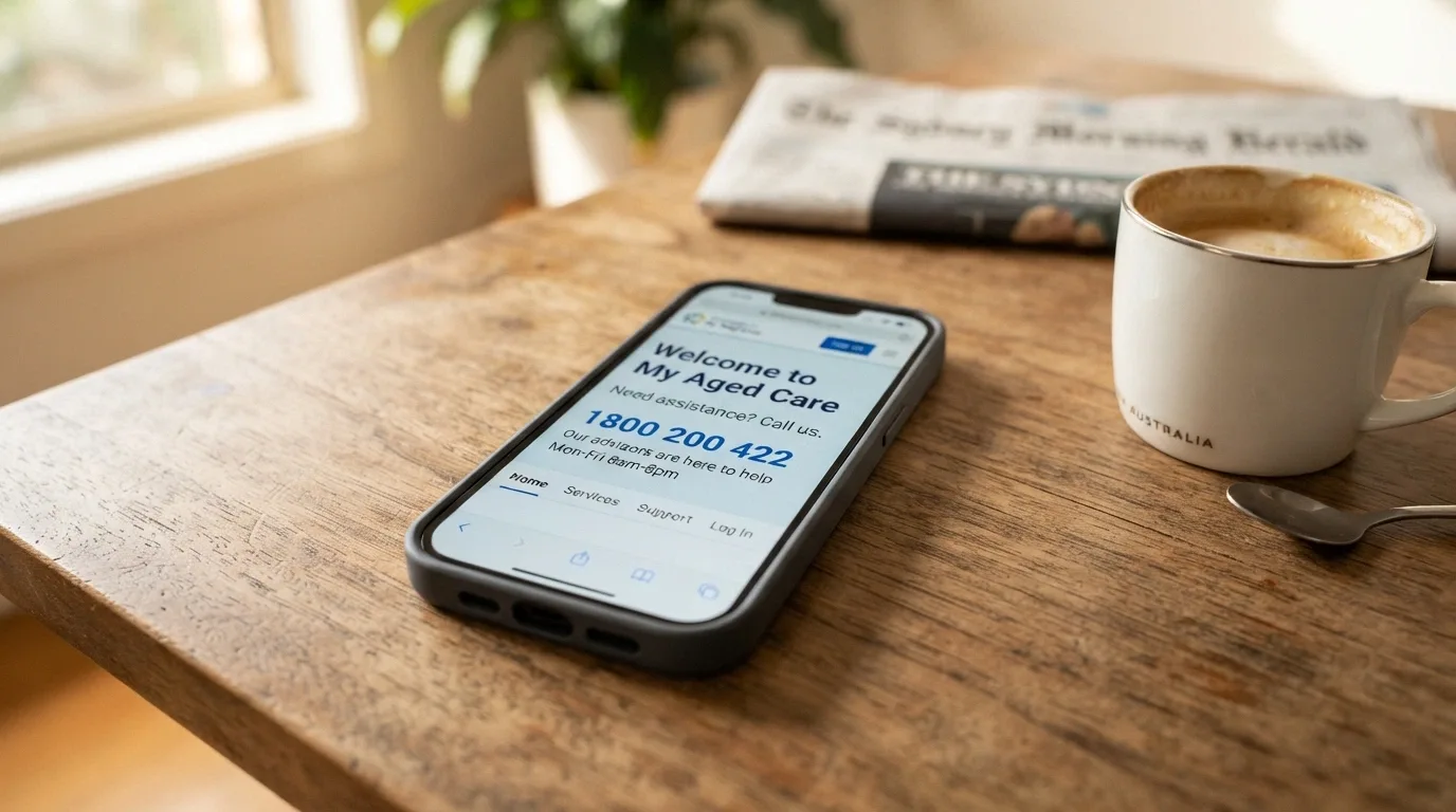 A close-up of a smartphone screen showing the Gambling Help Online homepage with the 1800 858 858 number prominent, beside a cup of coffee on a kitchen table