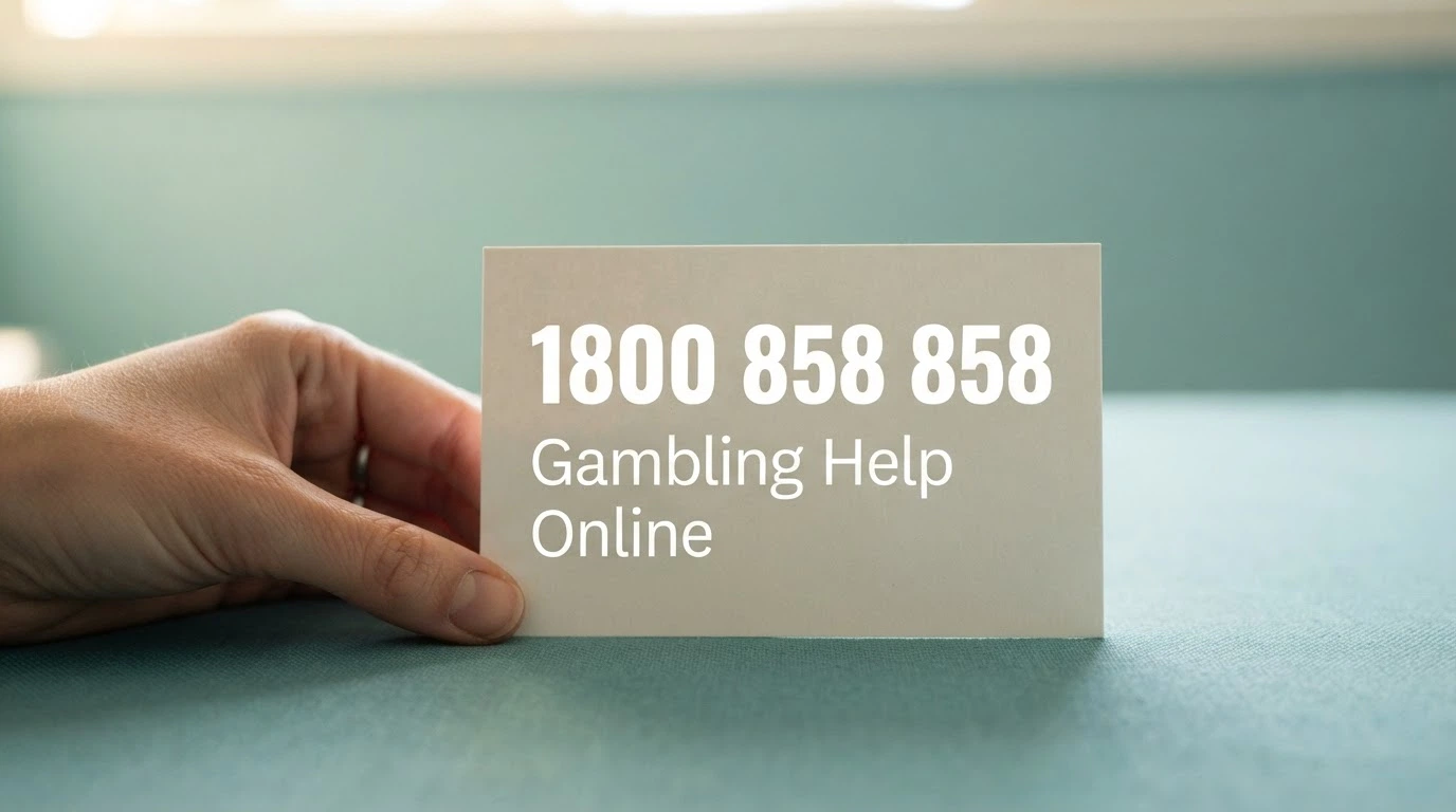 A close-up of a help-resource card with the 1800 858 858 number and “Gambling Help Online” in large type, against a calm teal background