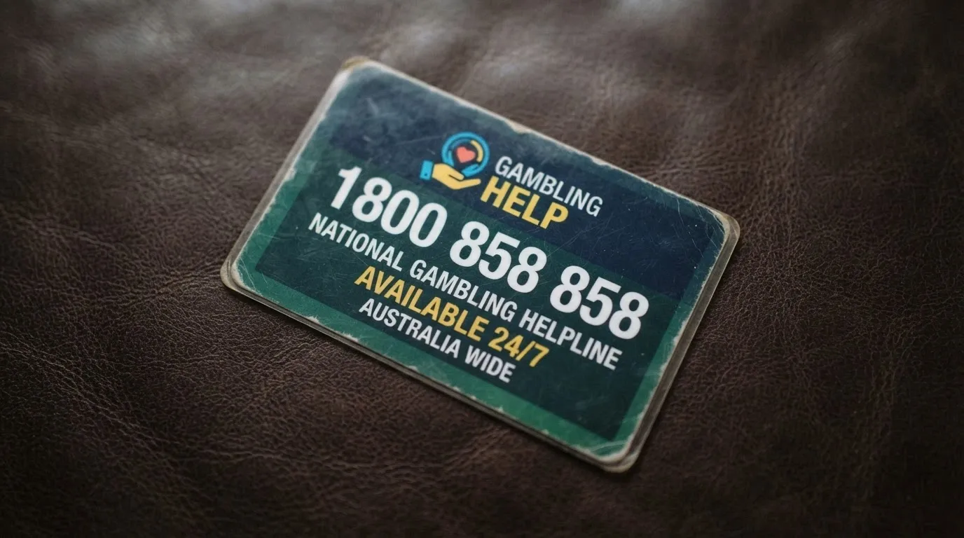 A close-up of a wallet card or phone screen showing the National Gambling Helpline number 1800 858 858 alongside the Gambling Help Online logo