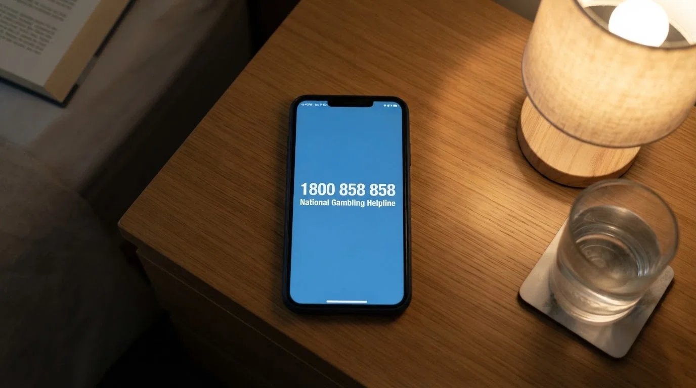 A phone displaying the National Gambling Helpline number 1800 858 858 on screen, with the Gambling Help Online logo visible